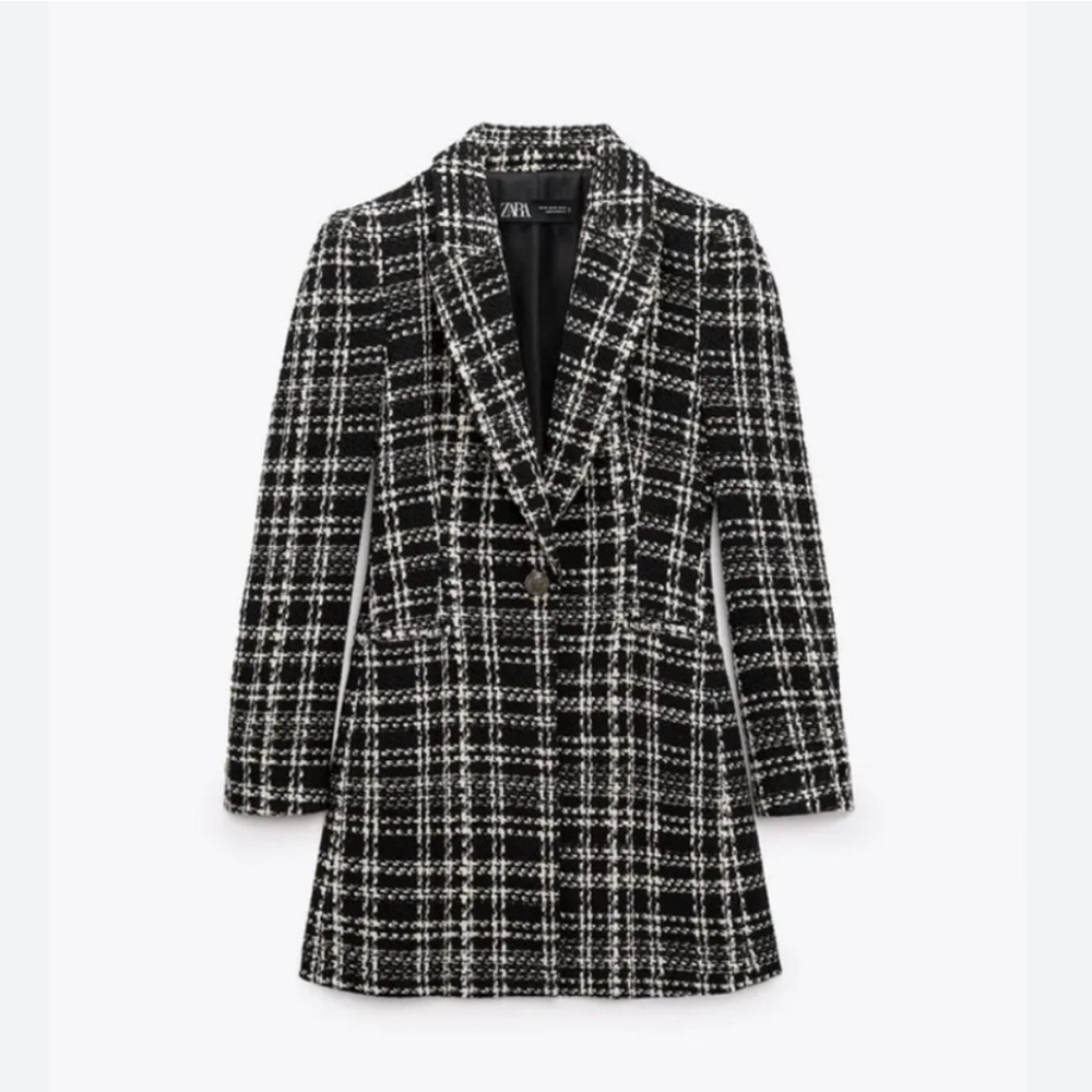 ZARA TEXTURED TWEED LONG BLAZER STRUCTURED JACKET Large